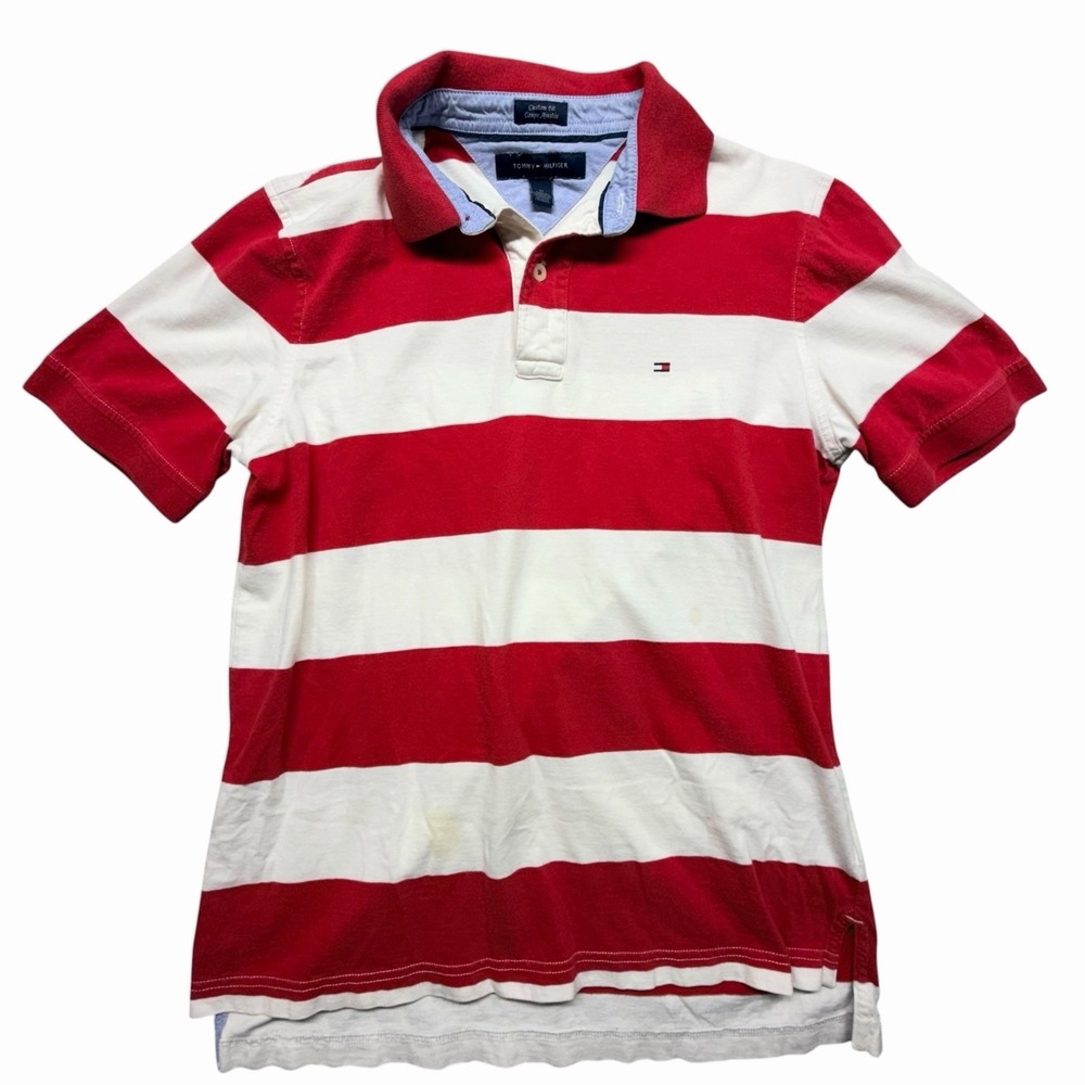 Tommy Hilfiger Polo Shirt Men's Medium Red White Striped Custom Fit Short Sleeve